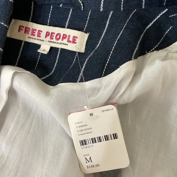 New FREE PEOPLE Stella Blazer Jacket Navy Blue White Stripe Fluted Sleeve - Picture 12 of 14